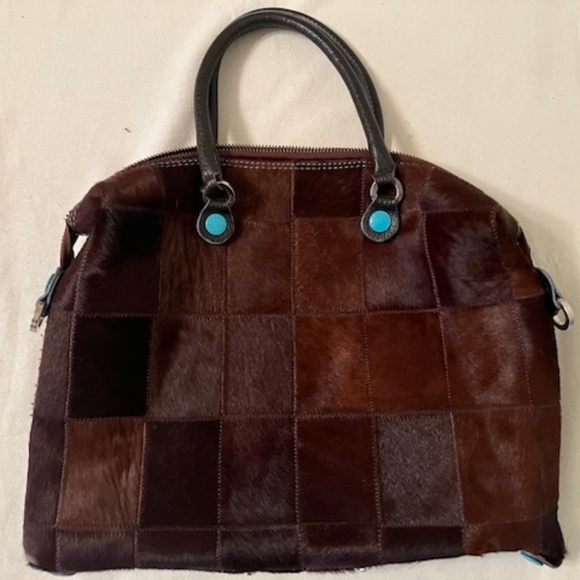 GABS Brown Patchwork Pony Fur  Fabric Tote Convertible - Picture 1 of 5